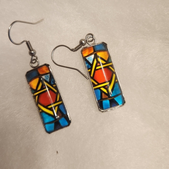 Artisan Jewelry - Art Deco Stained Glass Look Star of David Earrings